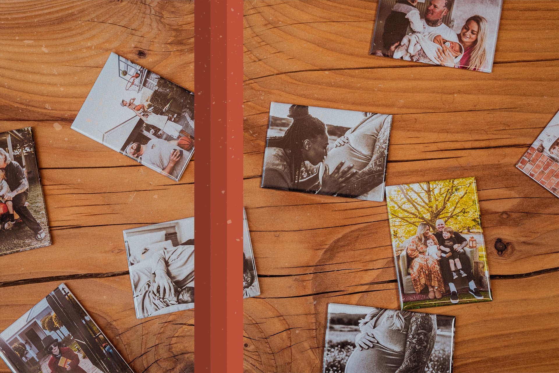 Various magnets on display, printed with photos of a pregnancy and a baby.