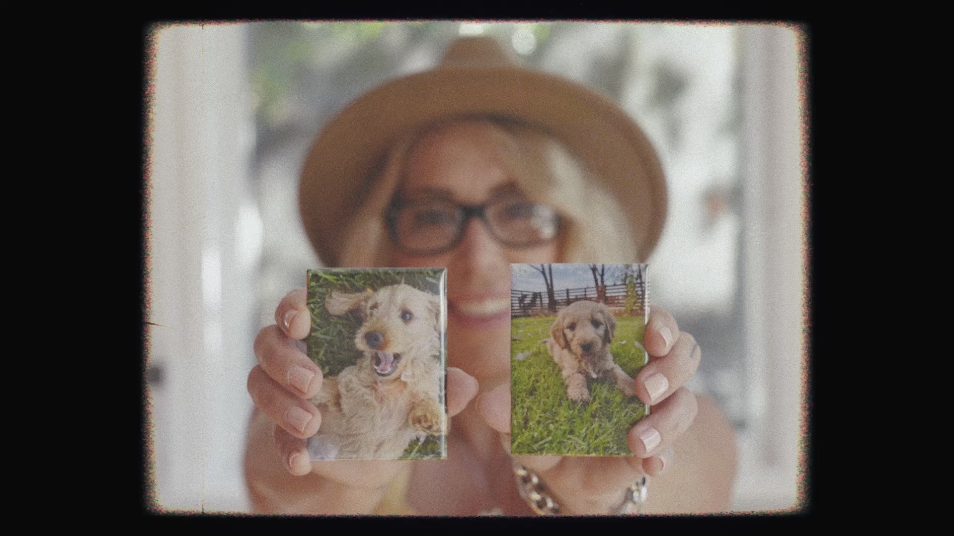 Load video: Urban Magnet Co Founder, Mel, at work, creating custom-made magnets and holding up two magnets with pictures of a dog.