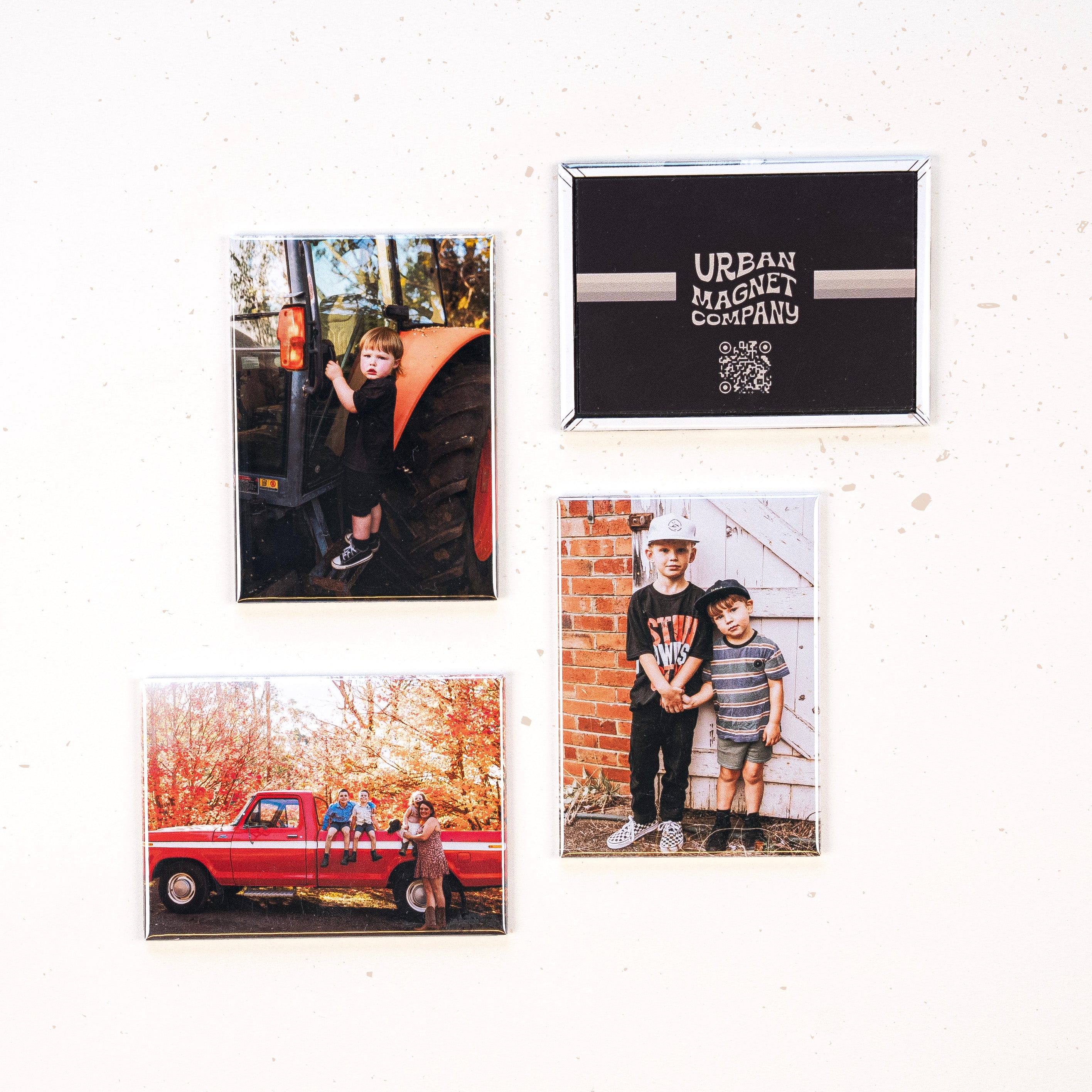 Four custom-made magnets displayed on a white background, three magnets show family photos and one shows the Urban Magnet Co logo.